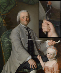 Portrait of a father with his daughter by Sigmund Barth (1765) shows a little girl fetching a hot ember for her father’s pipe. From siftingthepast.com.